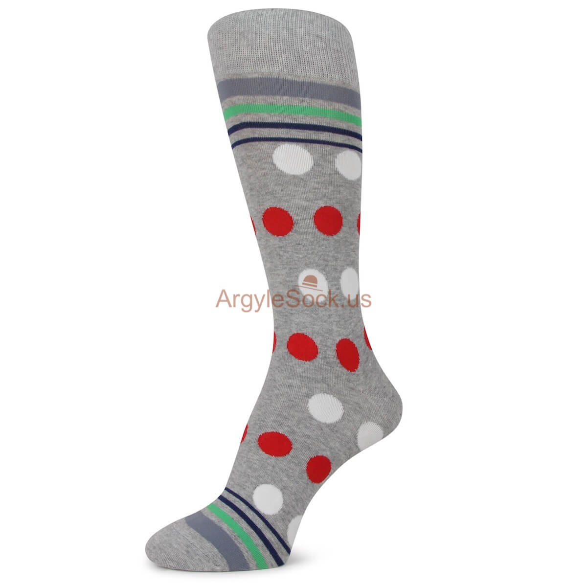 Grey, Blue, Green Top Stripes with Red and White Dots Mens Socks